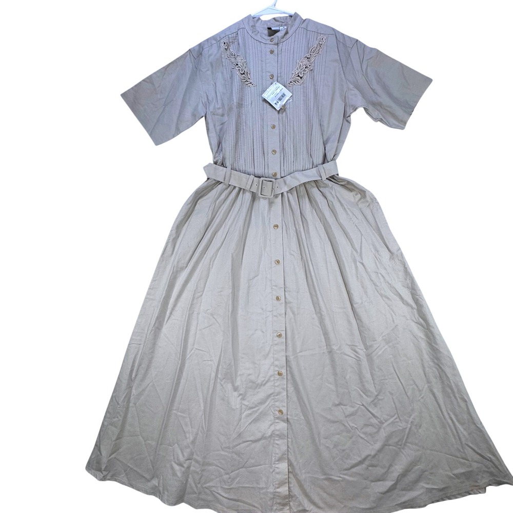 VTG 90's Button Up Shirt Dress Womens 12 Tan Vintage‎ Pintuck Belted Midi Cotton